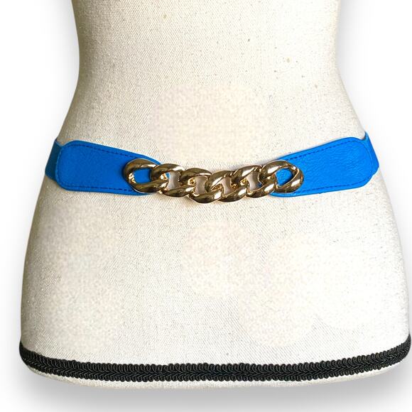 Vntg Gold Chain Buckle Cinch Waist Belt Cobalt Blue Elastic Stretch Narrow Y2k - Picture 1 of 11